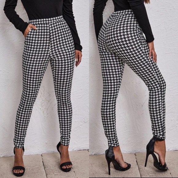 Pants - High waist black white houndstooth pants pockets
